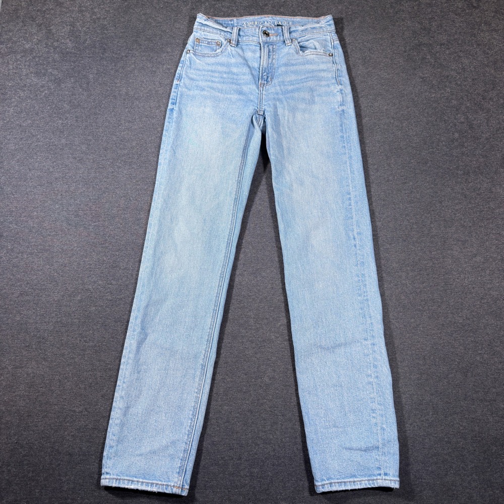 American Eagle Super High Rise Straight Jeans Women 000 Blue Stretch Denim Boho